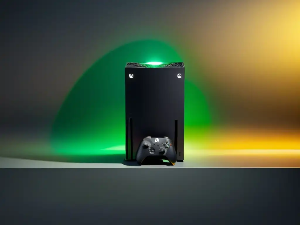 Consola de videojuegos próxima generación Xbox Series X en negro, con diseño futurista y elegante, iluminación verde sutil