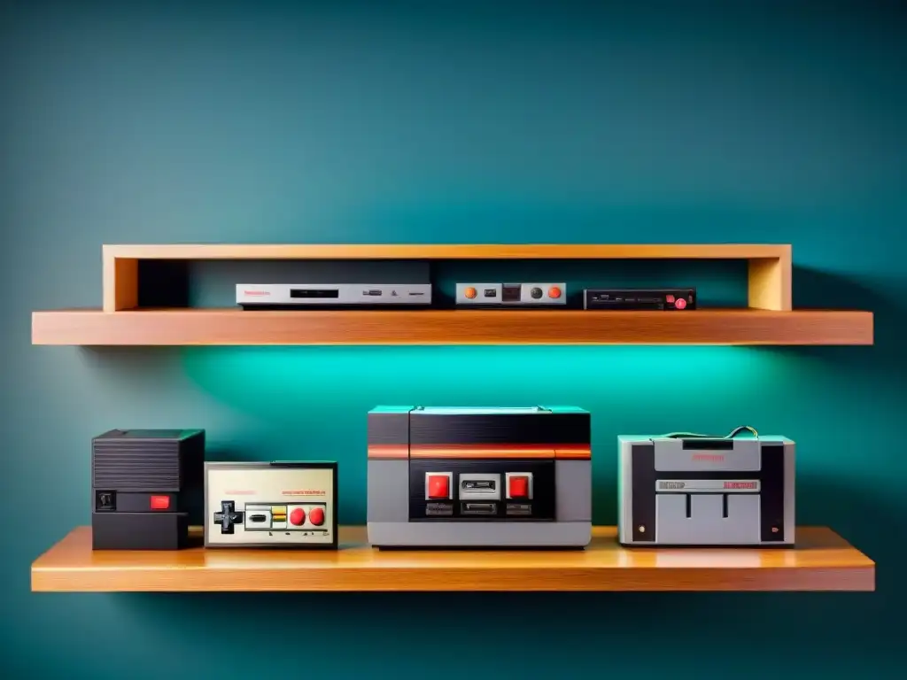 Colección de consolas de juegos retro digitalizados en elegantes estanterías