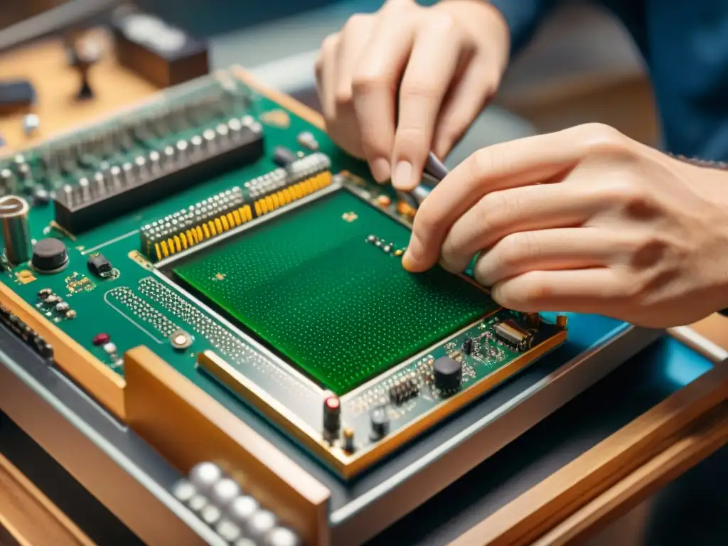 Restauración meticulosa de consola de videojuegos vintage Restauración consolas videojuegos vintage: Técnico soldando circuitos con precisión en consola retro