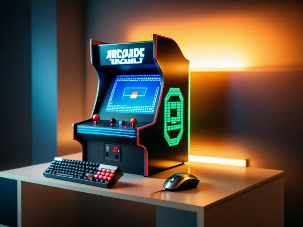 Contraste entre arcade vintage y moderno setup gaming, evolución tarjetas gráficas juegos