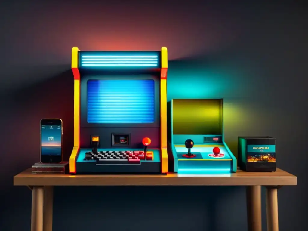 Contraste entre juegos clásicos y modernos: máquina arcade retro iluminada por pantallas digitales