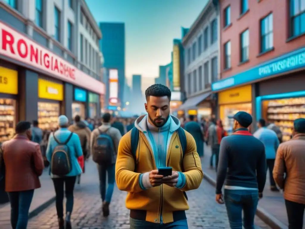 Contraste entre la vida urbana moderna, con personas en smartphones, y una tienda de consolas tradicionales