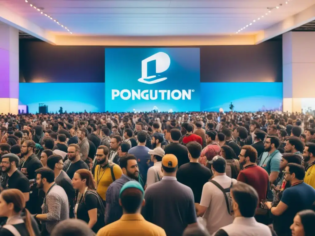 Convención de videojuegos: tecnología y creatividad en acción Una convención llena de entusiastas con trajes de videojuegos, debaten la historia y evolución de los videojuegos