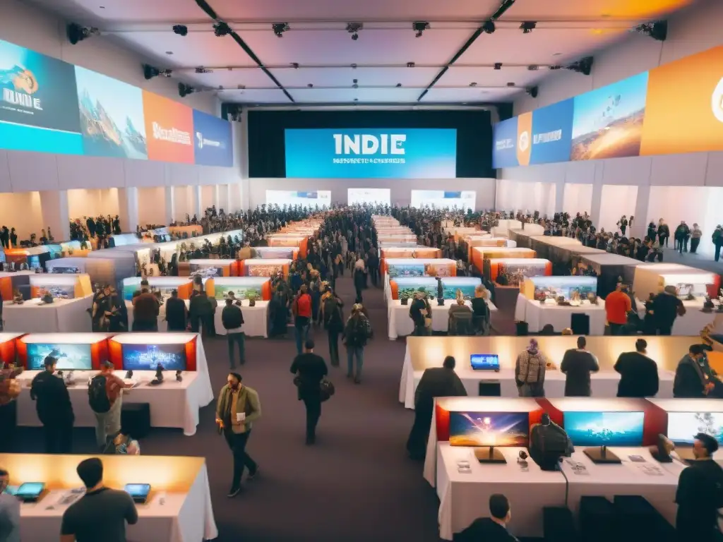 Convenciones juegos indie desarrollo realidad: Salón bullicioso con desarrolladores y juegos coloridos, energía creativa y entusiasmo palpable