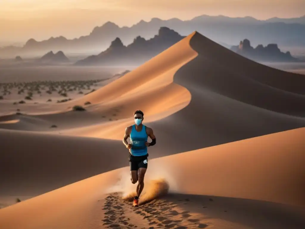 Corredor de maratón en desierto al amanecer, reflejando determinación y resistencia