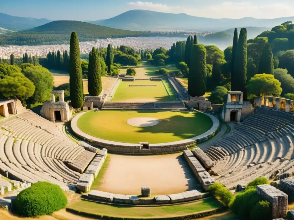 Un corredor solitario en el antiguo estadio olímpico de Olympia, Grecia, entre columnas y templos antiguos