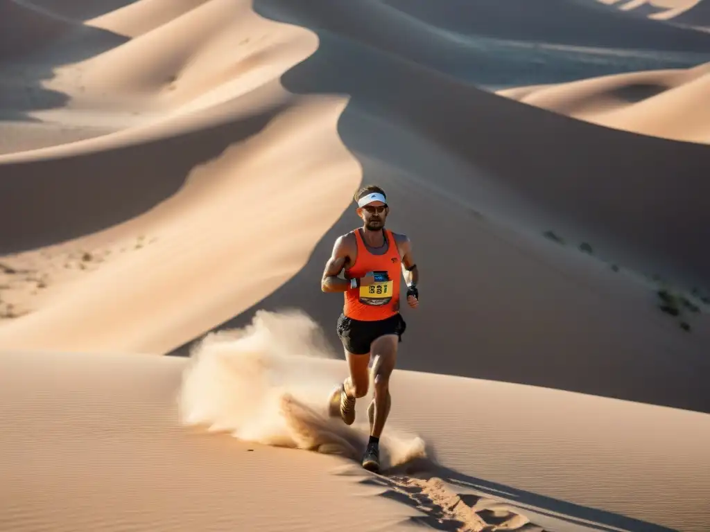 Un corredor solitario luchando en un maratón extremo en desierto, demostrando determinación y perseverancia