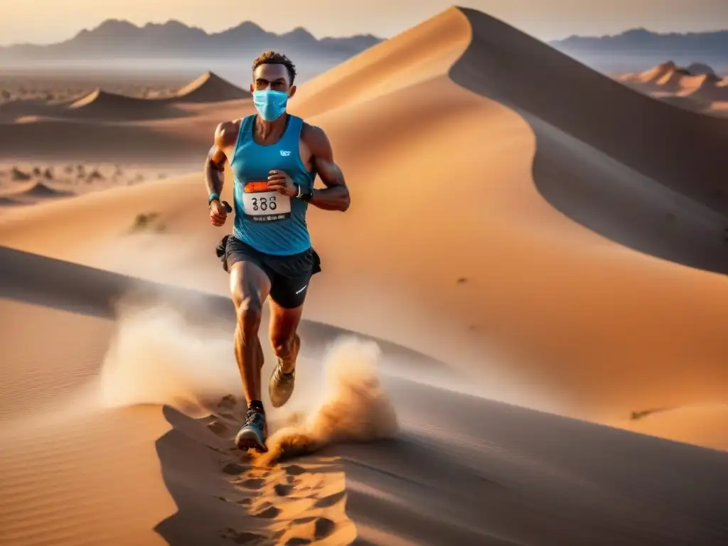 Un corredor solitario luchando en un maratón extremo en desiertos, determinación bajo el sol ardiente y paisajes desafiantes