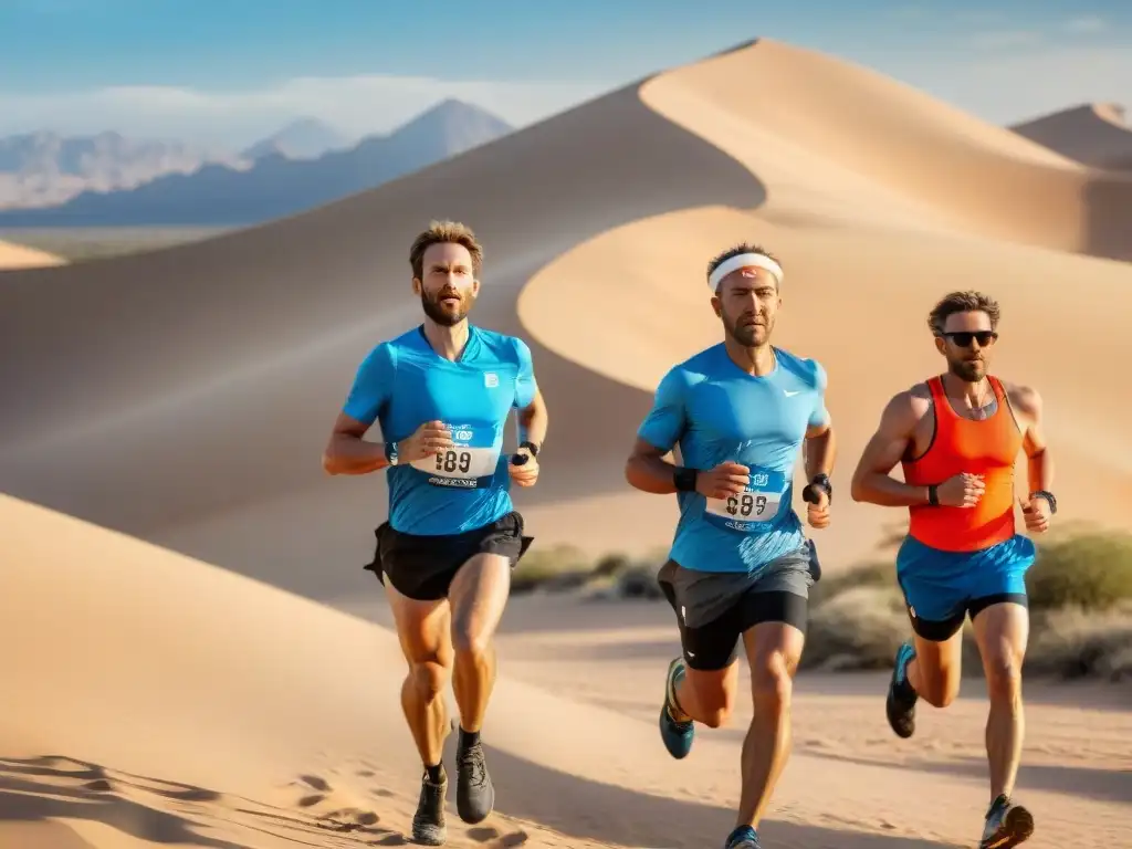 Corredores en maratones extremos en desiertos, desafiando el sol y las dunas de arena bajo un cielo azul infinito