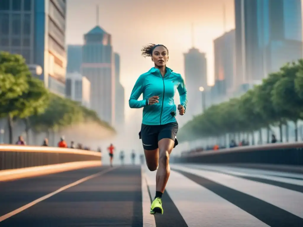 Corredores con moda deportiva running evolución cultural, corriendo juntos al amanecer en la ciudad