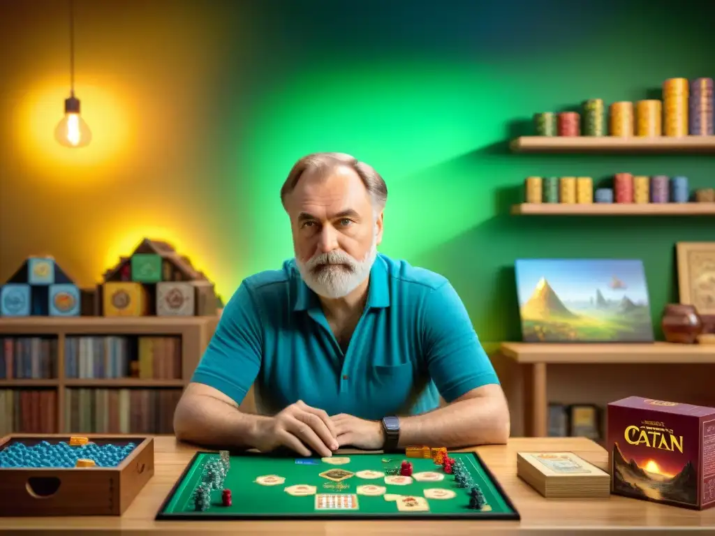 El creador de Catan inmerso en el diseño de un juego, rodeado de componentes y bocetos