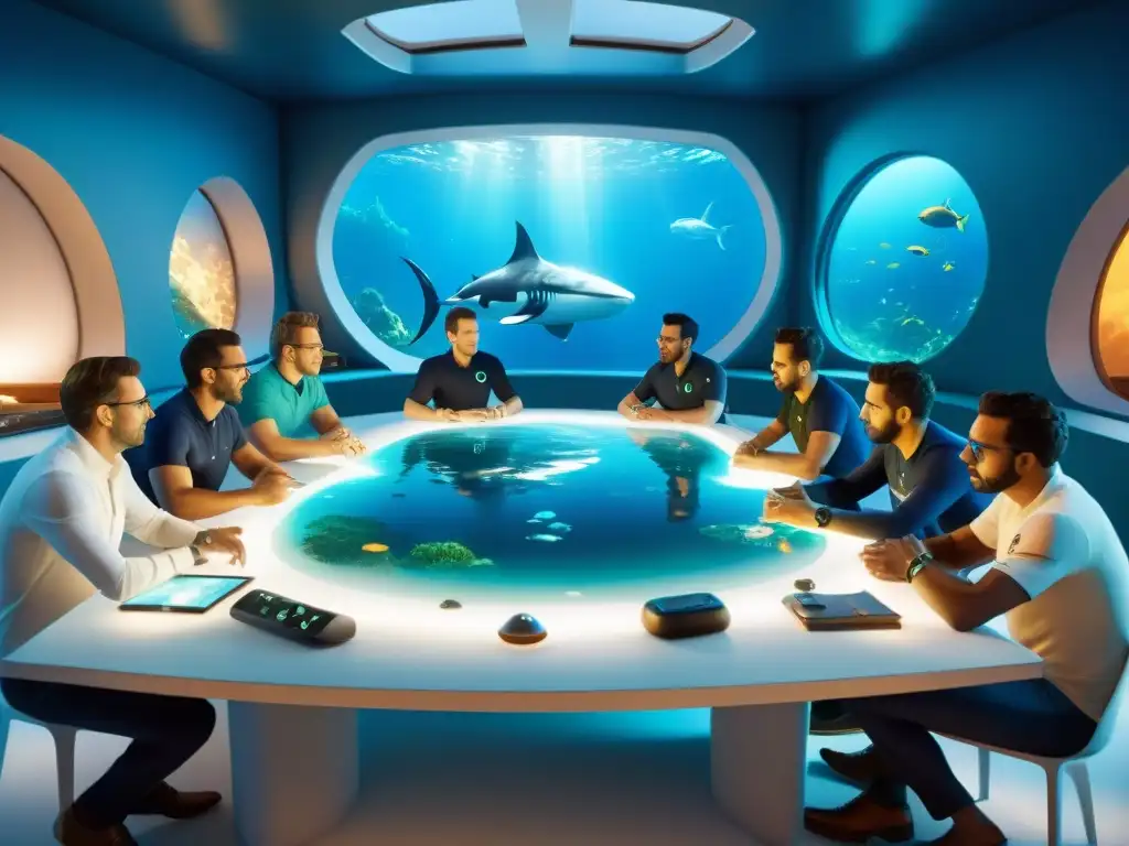 Los creadores de Subnautica discuten apasionadamente la evolución de Secretos Subnautica en una mesa llena de bocetos y maquetas 3D