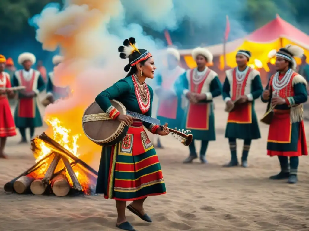 Celebración cultural: Grupo indígena en coloridos trajes tradicionales bailando y tocando instrumentos alrededor de una fogata