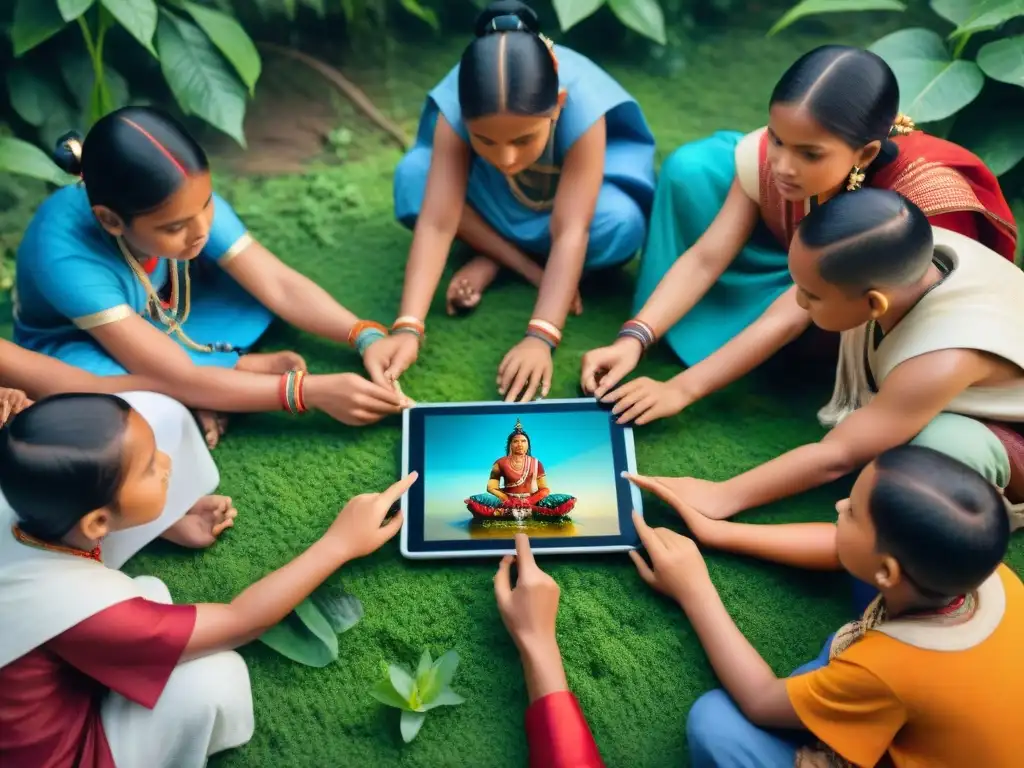 Preservación cultural: niños indígenas juegan con tablet en la naturaleza