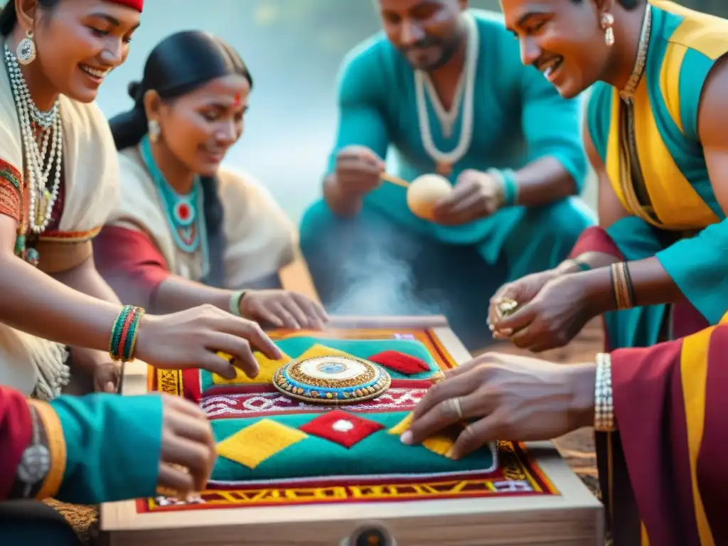 Celebración cultural con juego tradicional: rostros concentrados, atuendos coloridos y piezas artesanales