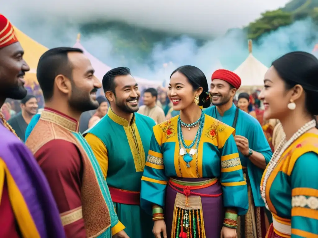 Celebración cultural con juegos tradicionales de diversas culturas, uniendo historias y tradiciones en un festival vibrante