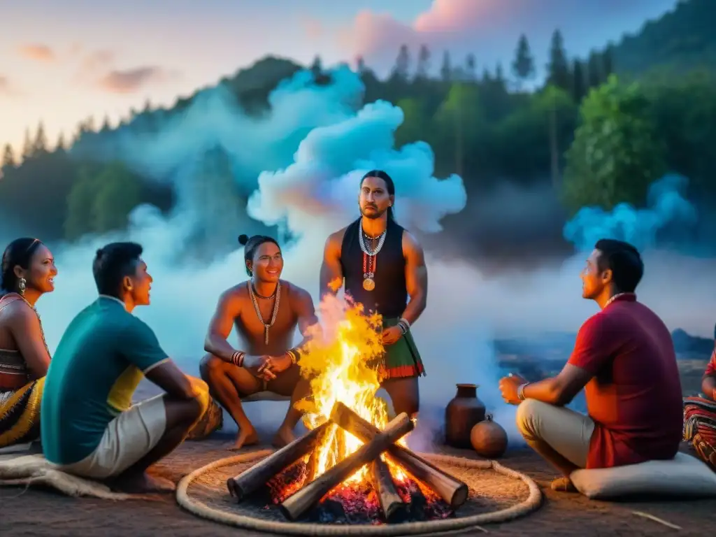 Celebración de juegos indígenas culturales auténticos alrededor de una fogata en la noche estrellada de la selva