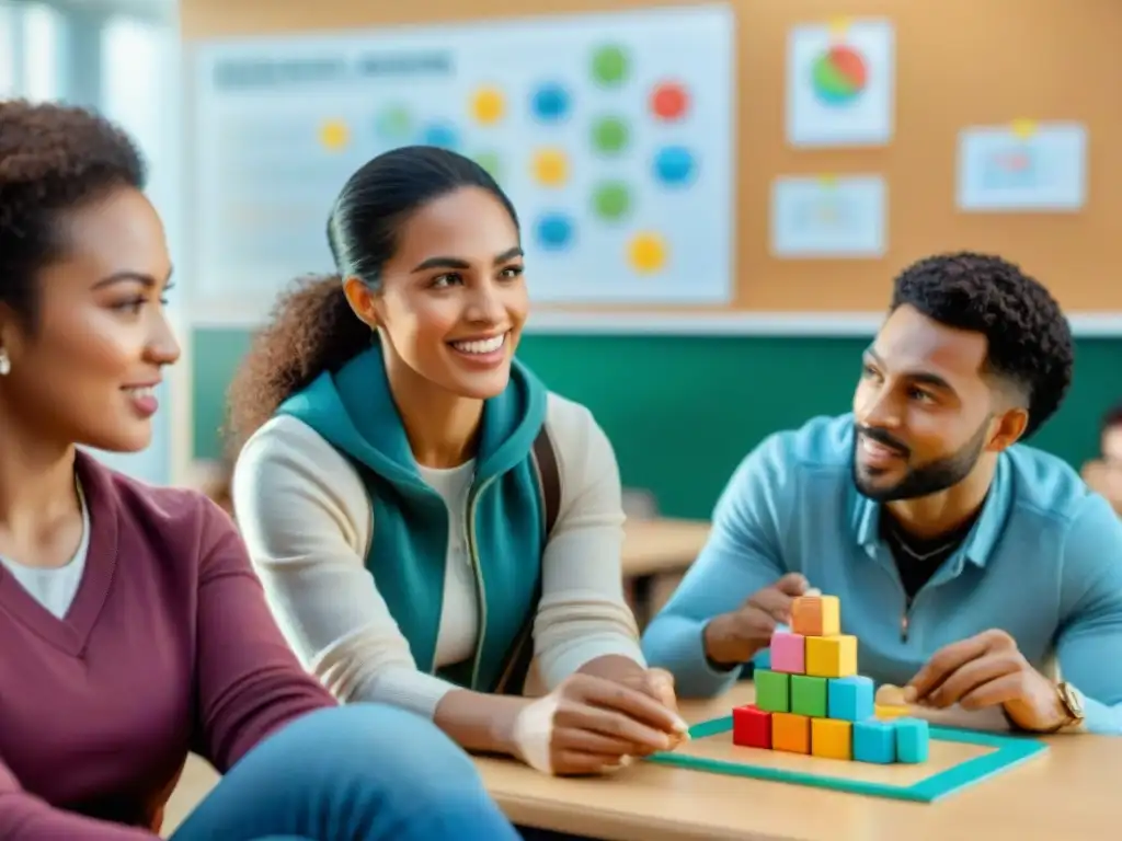 Evolución juegos culturales educativos: Estudiantes diversos concentrados y emocionados en actividad educativa dinámica en aula colorida