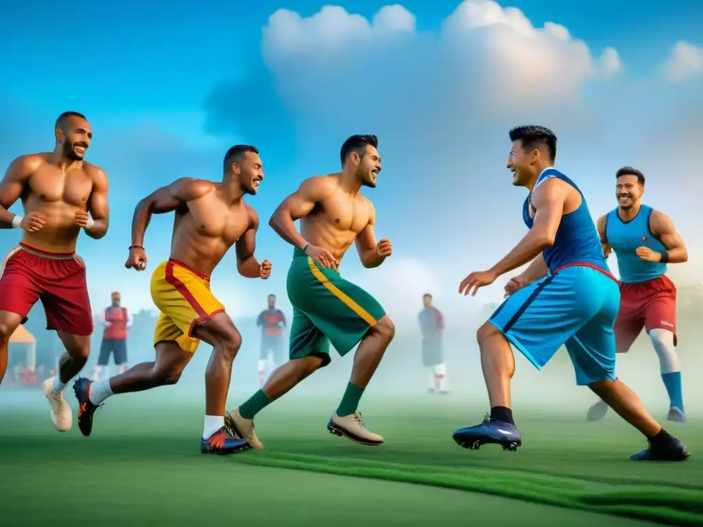 Diversas culturas disfrutan de juegos tradicionales en un campo verde bajo el cielo azul