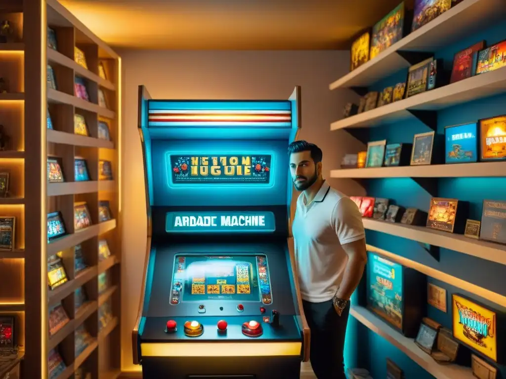 Un curador de museo restaura con delicadeza una máquina de arcade vintage rodeado por consolas retro y juegos antiguos