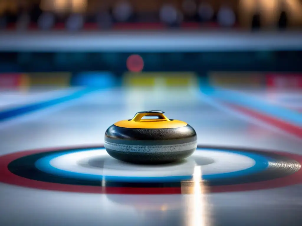 Un 'Curling stone deslizándose suavemente sobre el hielo, rodeado de jugadores concentrados en acción