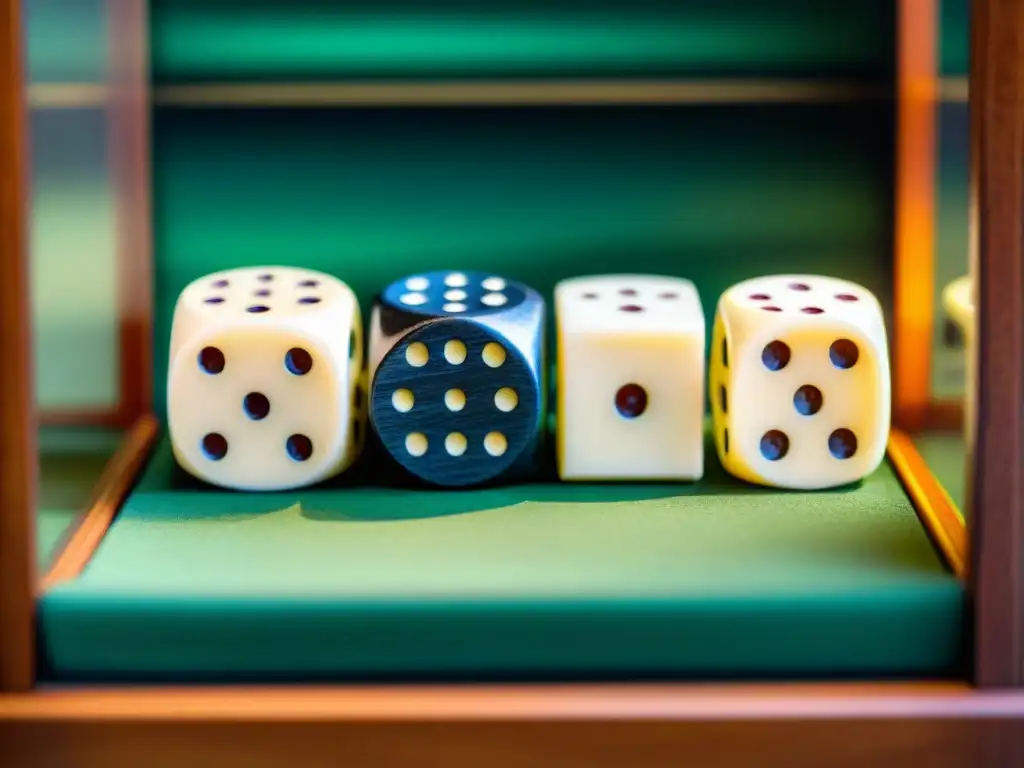 Colección de juegos de dados antiguos coleccionables en estuche de terciopelo, con detalles y patrones únicos