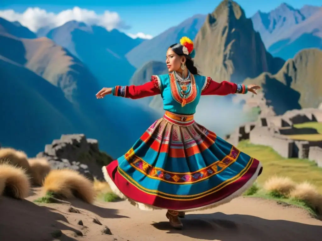 Una danza andina tradicional en los Andes peruanos, con coloridos trajes y paisajes impresionantes