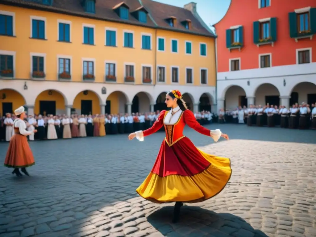 Danza europea en plaza histórica, bailarines elegantes, música tradicional y espectadores diversos