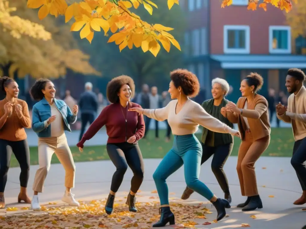 Danza como juego de autoestima: Grupo diverso baila con alegría en parque urbano otoñal, expresando confianza y diversidad comunitaria