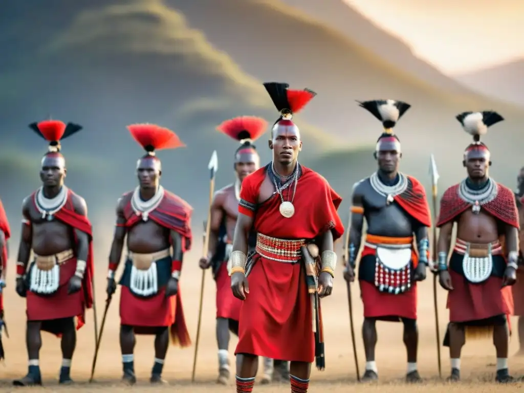 Danza ritual Maasai: guerreros preparándose para el combate al atardecer en la sabana africana