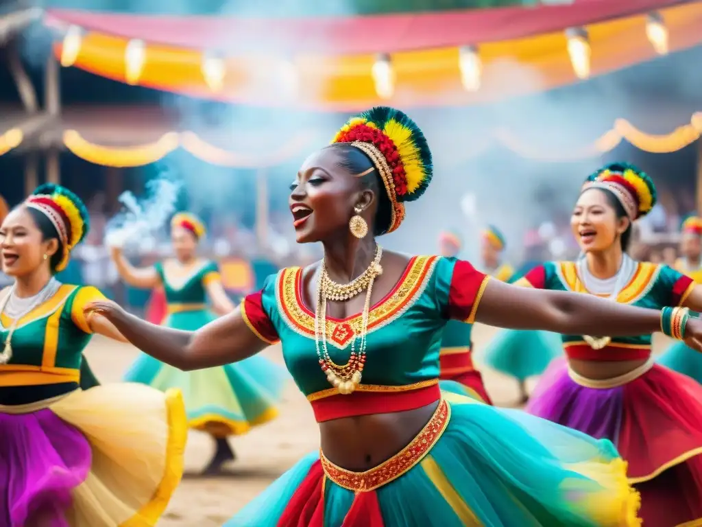 Danza tradicional en festival con vibrantes colores y movimientos aéreos, rodeados de espectadores y músicos