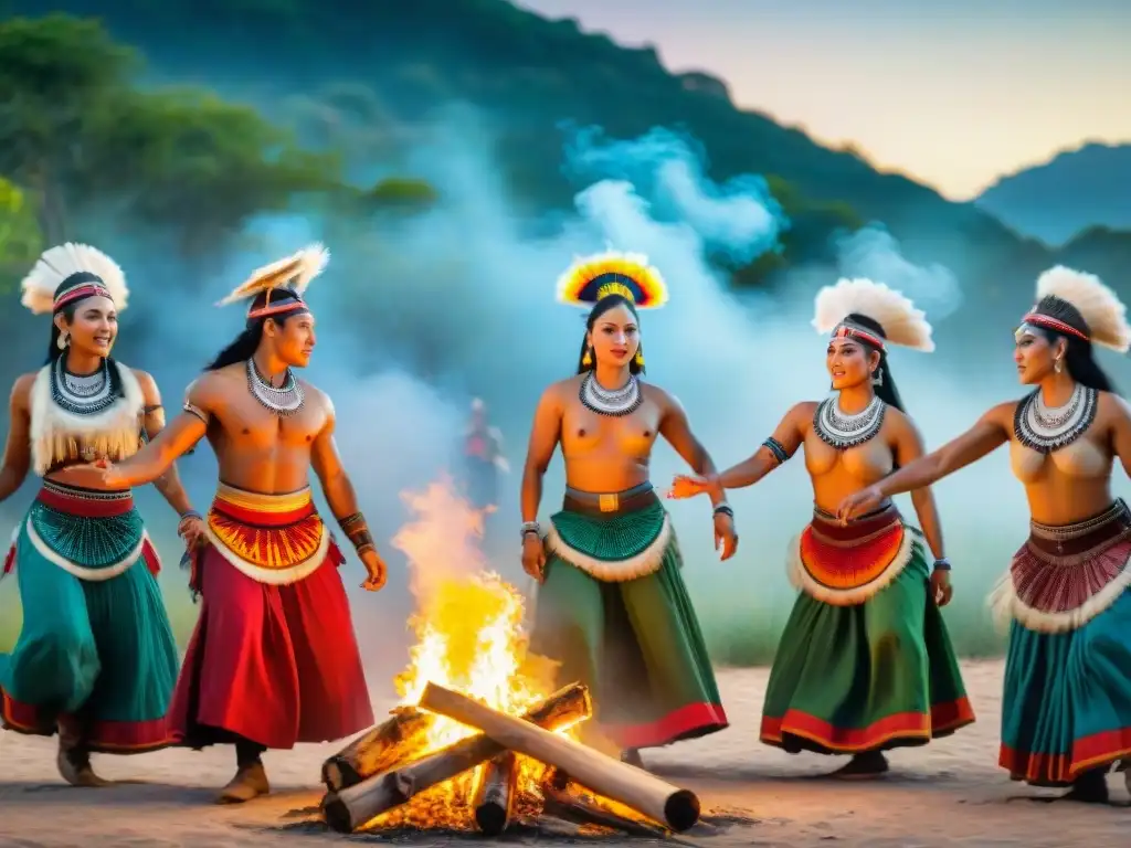 Danza tradicional alrededor de la fogata bajo las estrellas, en un escenario de ruinas antiguas y exuberante vegetación