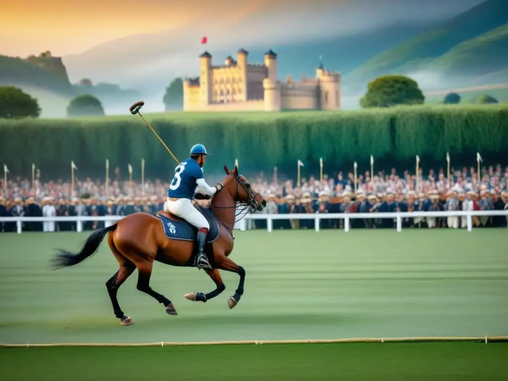 Evolución del deporte de polo: Pintura de un partido real de polo en un escenario europeo grandioso con nobles y espectadores elegantes