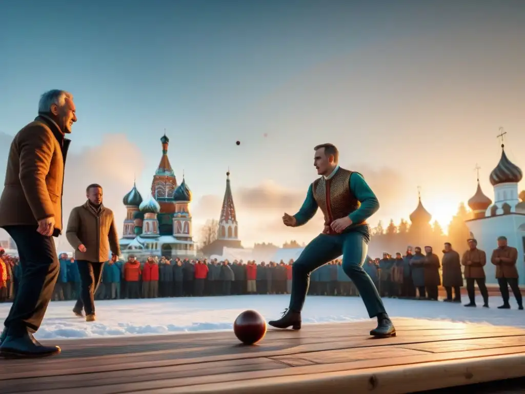 Inmersión en el deporte tradicional ruso Gorodki: un vibrante juego en una plaza con jugadores entusiastas y arquitectura típica al atardecer