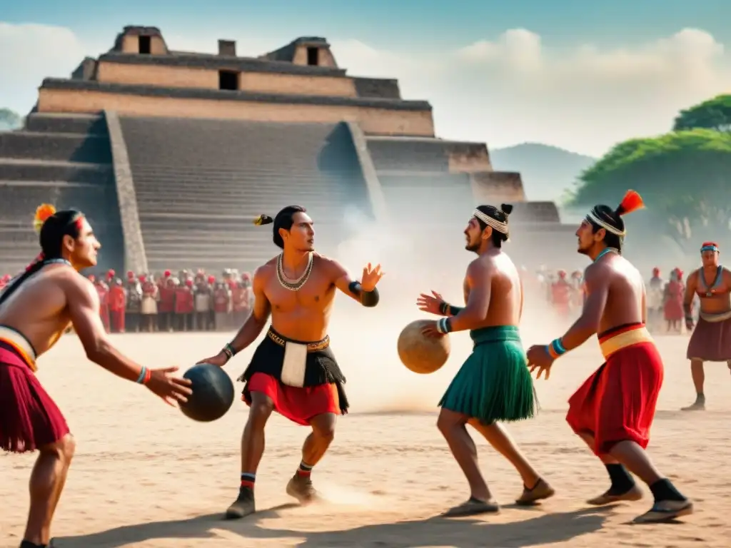 Juego ancestral de pelota mesoamericana: atletas indígenas en acción Deportes ancestrales y cultura: juego de pelota mesoamericano entre atletas indígenas en un campo polvoriento, con ruinas antiguas y espectadores