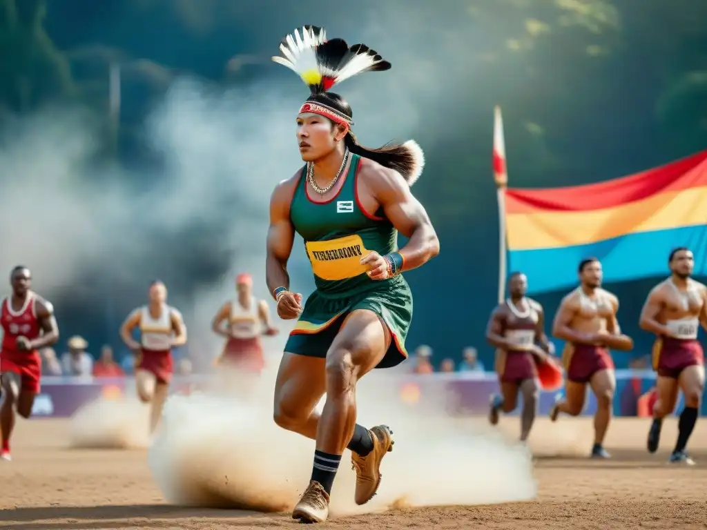 Deportes autóctonos en diferentes culturas: Atletas indígenas compiten con orgullo en tradicionales deportes en un festival cultural vibrante