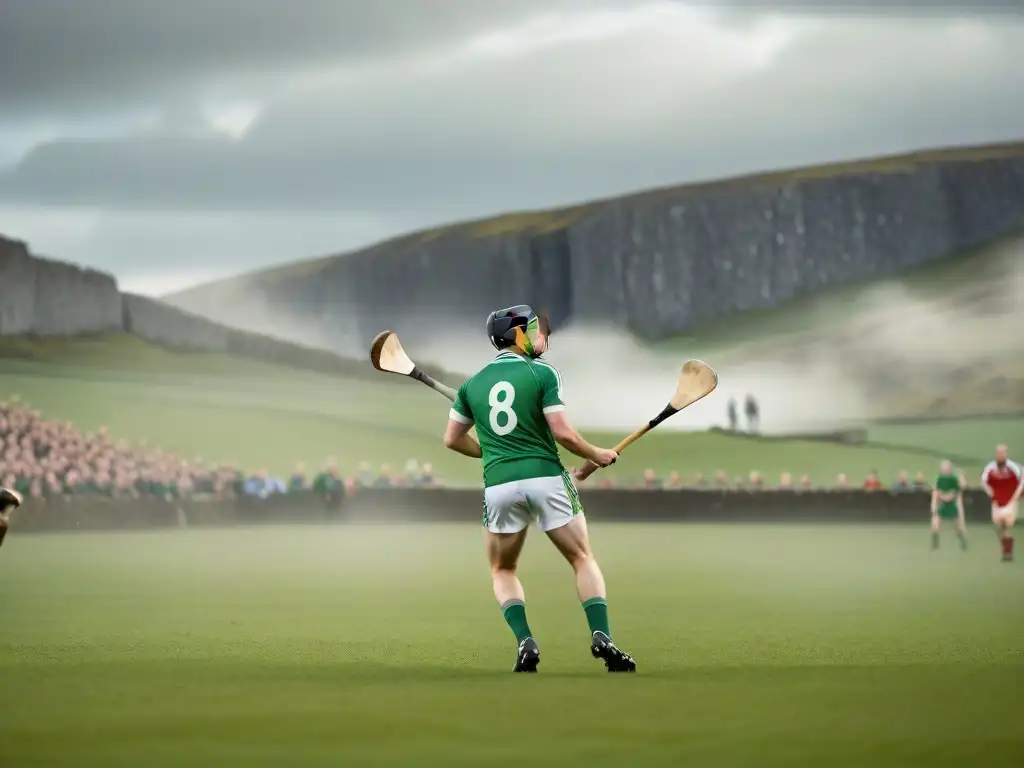 Deportes autóctonos en diferentes culturas: Jugadores de hurling compiten con pasión en un campo irlandés