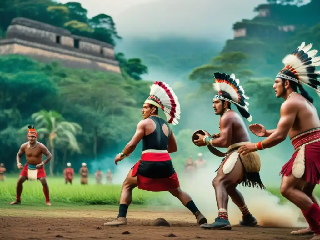 Deportes autóctonos latinoamericanos historia: Indígenas compitiendo en ancestral juego de pelota en la selva