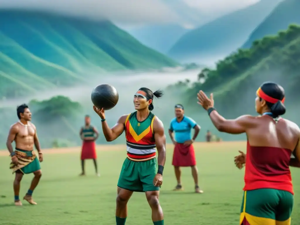 Deportes autóctonos inspiran mundo contemporáneo: atletas indígenas juegan bajo el sol, con rostros pintados y montañas verdes de fondo