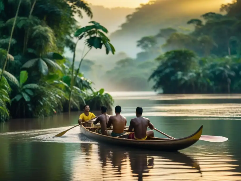 Deportes náuticos en América Latina: Atletas indígenas en canoas tradicionales surcan ríos del Amazonas al atardecer