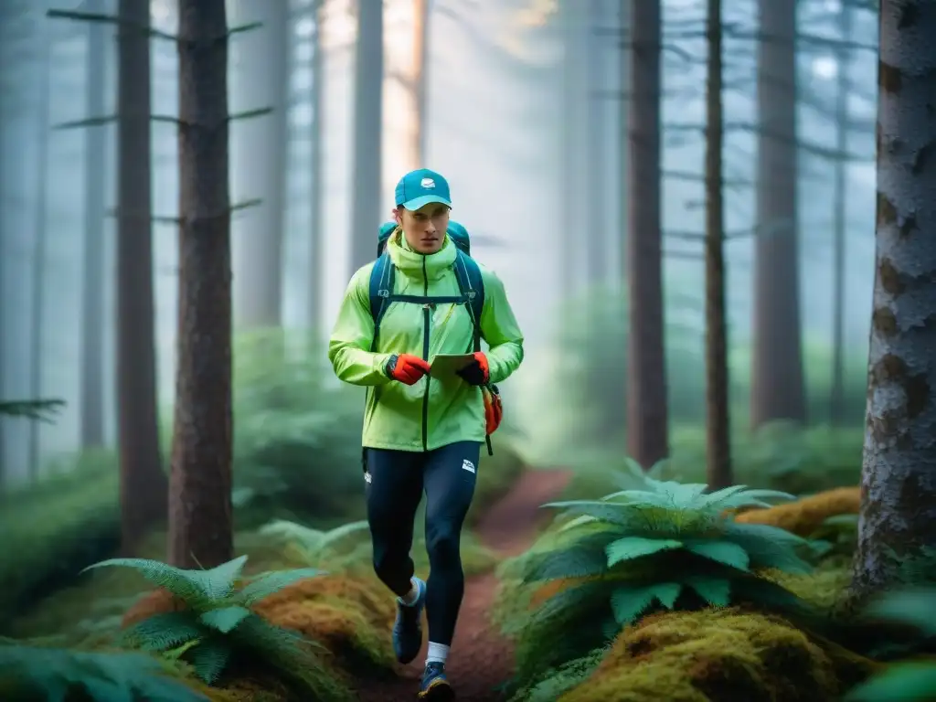 Un desafiante deporte europeo: Carreras de orientación en un denso bosque, atletas concentrados usando brújulas y mapas