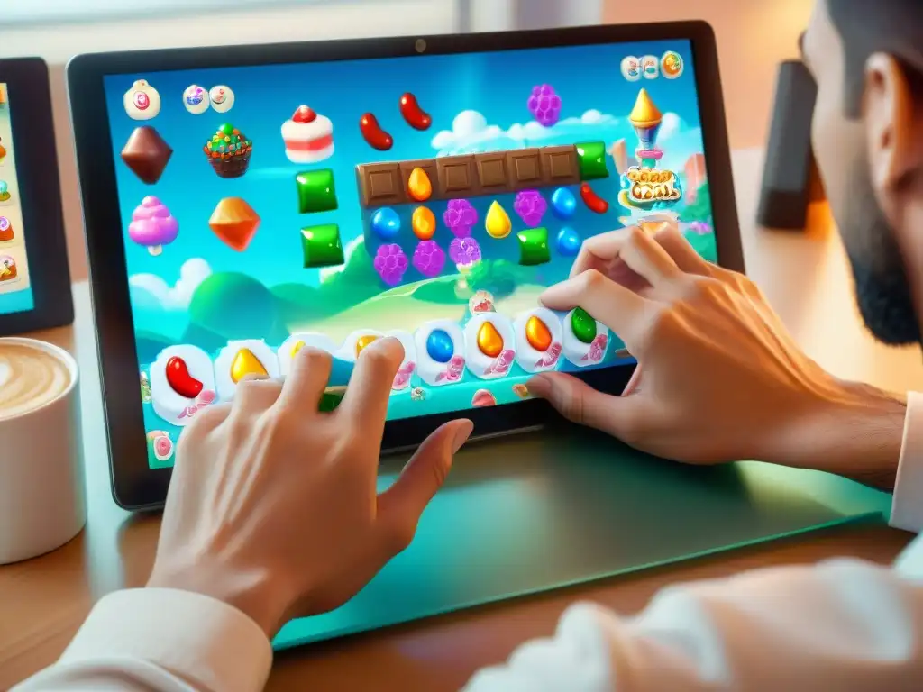 Un desarrollador de juegos codifica meticulosamente un nivel colorido e intrincado para Candy Crush Saga