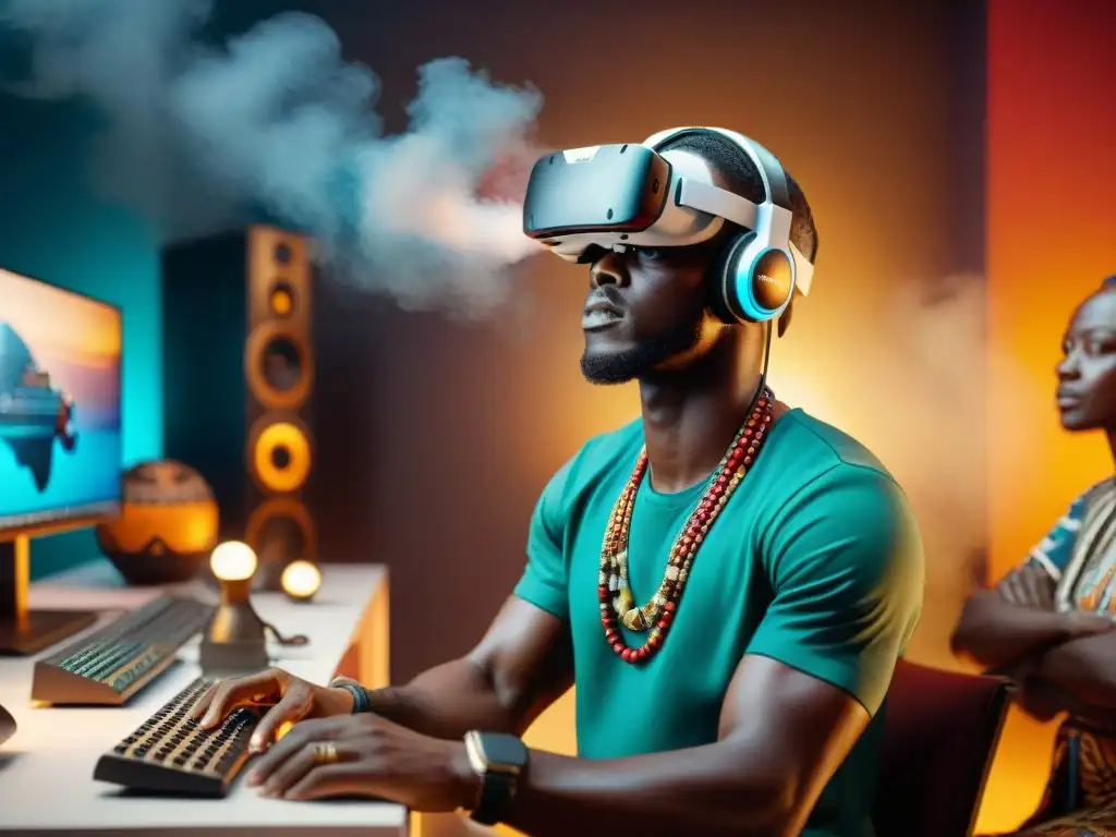 Desarrolladores de juegos africanos y realidad virtual creando con tecnología avanzada en un estudio moderno