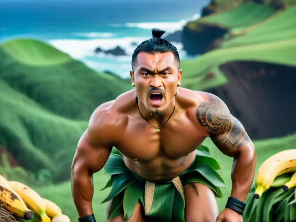 Descenso intenso en Haka Pei Isla Pascua: expresión determinada deslizándose en tronco de plátano con paisaje vibrante de Rapa Nui