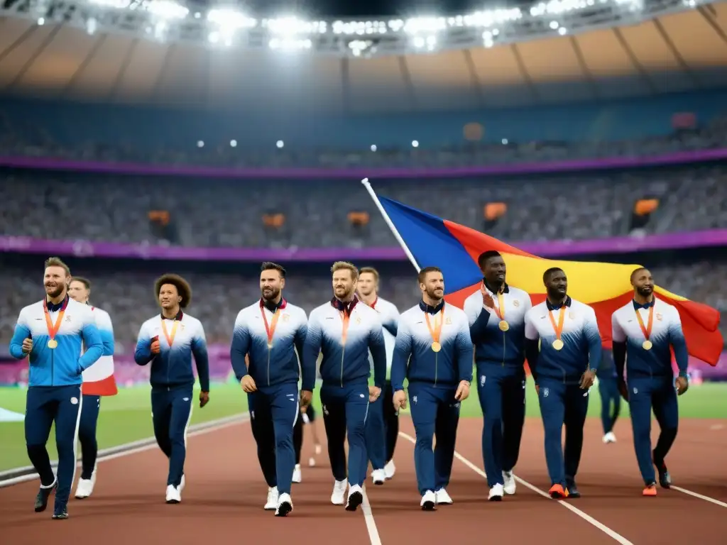 Un desfile de atletas de diferentes países durante la ceremonia de apertura de los Juegos Olímpicos, con banderas nacionales ondeando