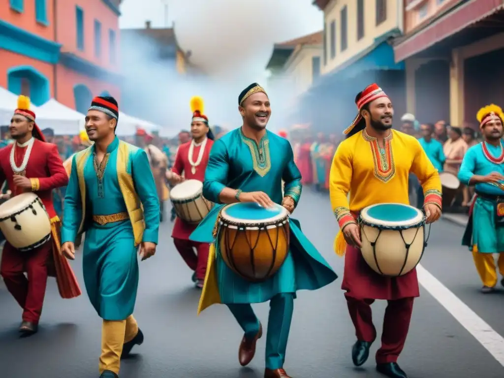 Desfile festivo con músicos y danzantes en atuendos tradicionales, fusionando juegos tradicionales y música contemporánea