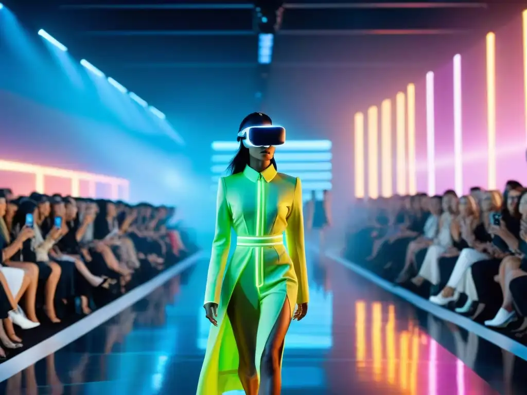 Desfile futurista de moda con realidad virtual en diseño, modelos innovadores en pasarela holográfica