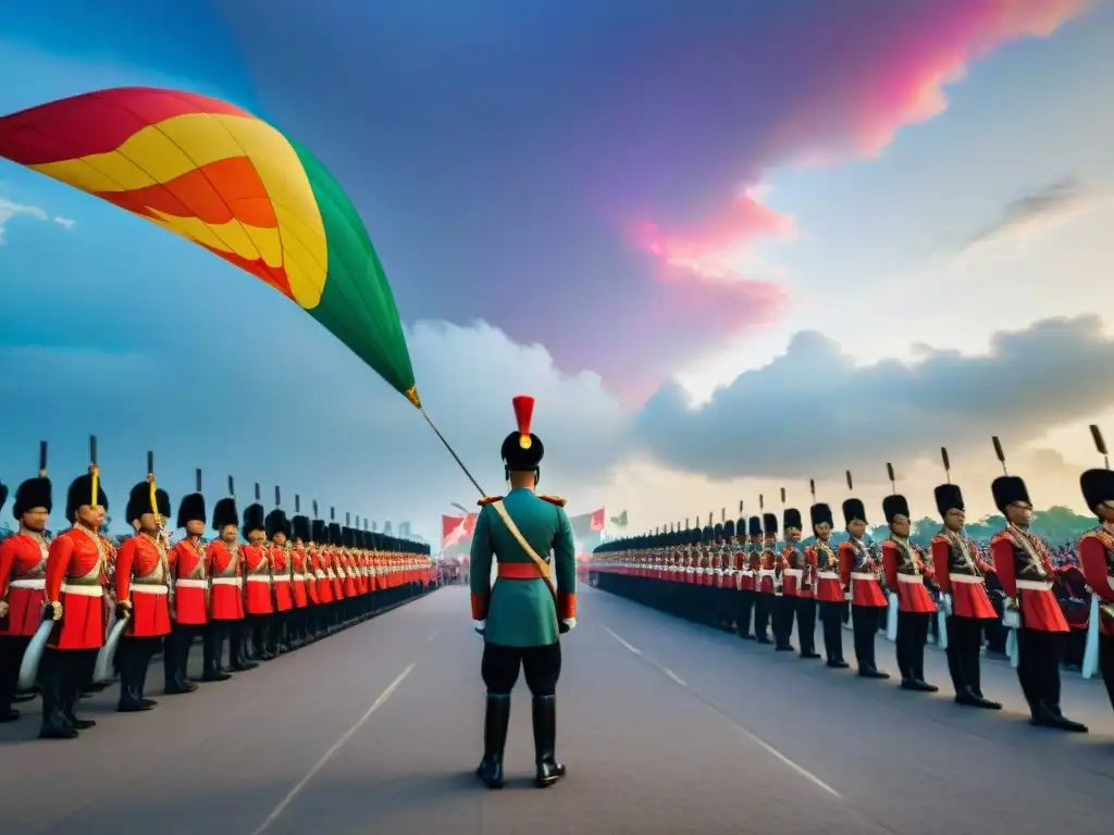 Desfile militar asiático con soldados en formación bajo un cielo lleno de cometas coloridas