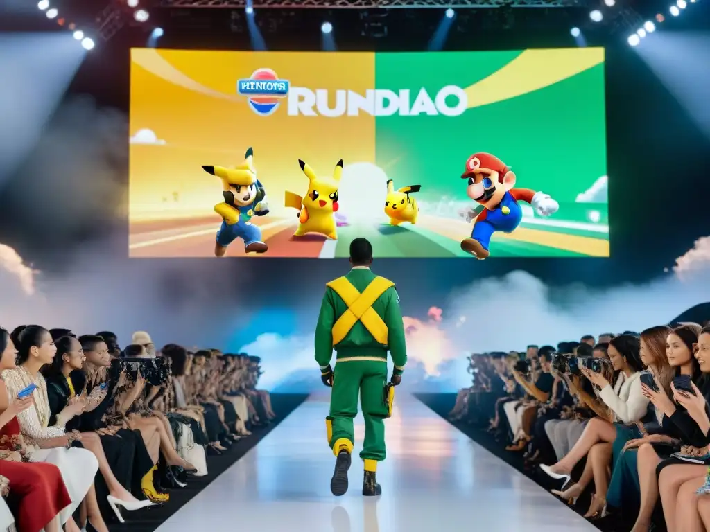 Desfile de moda con diseños inspirados en personajes de videojuegos como Mario, Lara Croft y Pikachu, fusionando virtualidad y estilo en la pasarela