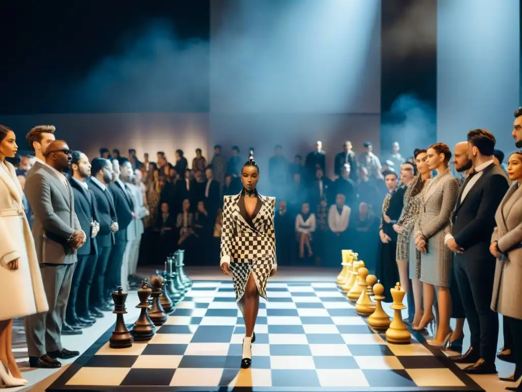 Desfile de moda ajedrez: fusión creativa y elegante Desfile de moda con influencia del ajedrez: modelos como piezas en un tablero gigante, espectadores en atuendos ajedrecísticos